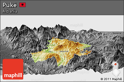 Physical Panoramic Map of Pukë, darken, desaturated