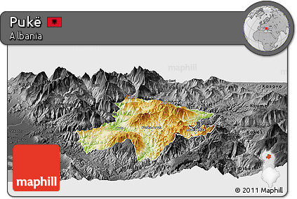 Physical Panoramic Map of Pukë, darken, desaturated