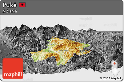 Physical Panoramic Map of Pukë, darken, desaturated