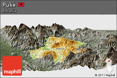 Physical Panoramic Map of Pukë, darken, semi-desaturated