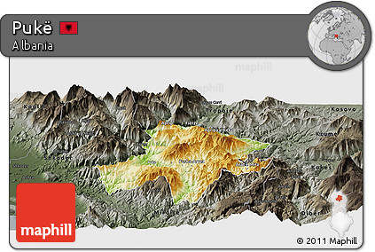 Physical Panoramic Map of Pukë, darken, semi-desaturated