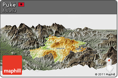 Physical Panoramic Map of Pukë, darken, semi-desaturated