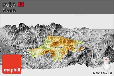Physical Panoramic Map of Pukë, desaturated