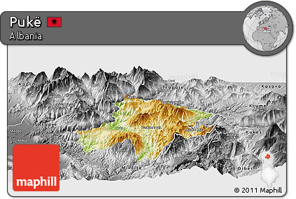 Physical Panoramic Map of Pukë, desaturated