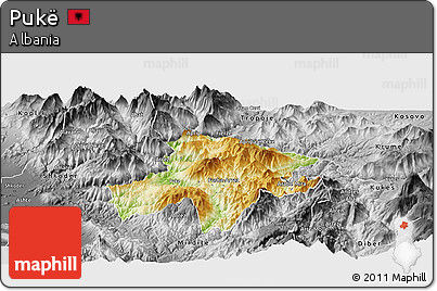 Physical Panoramic Map of Pukë, desaturated