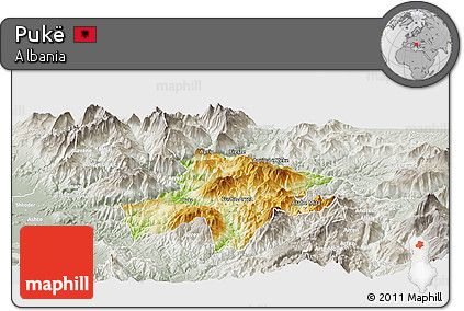 Physical Panoramic Map of Pukë, lighten, semi-desaturated
