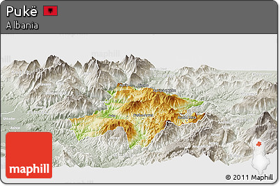 Physical Panoramic Map of Pukë, lighten, semi-desaturated