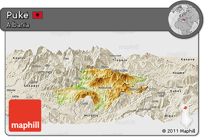 Physical Panoramic Map of Pukë, shaded relief outside
