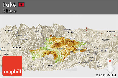 Physical Panoramic Map of Pukë, shaded relief outside