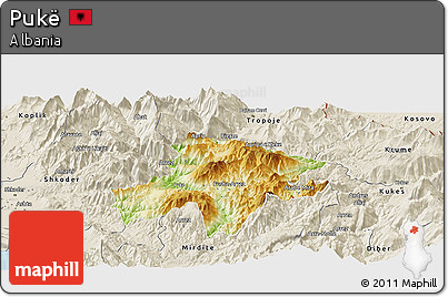 Physical Panoramic Map of Pukë, shaded relief outside