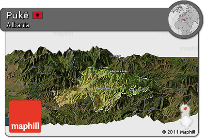Satellite Panoramic Map of Pukë, darken