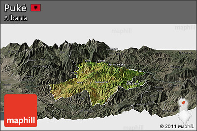 Satellite Panoramic Map of Pukë, darken, semi-desaturated