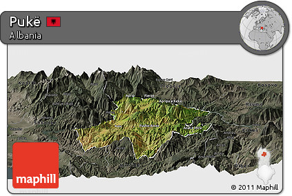 Satellite Panoramic Map of Pukë, darken, semi-desaturated