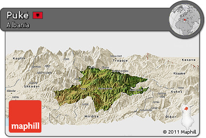Satellite Panoramic Map of Pukë, shaded relief outside