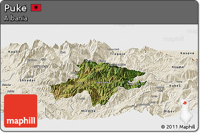 Satellite Panoramic Map of Pukë, shaded relief outside