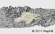 Shaded Relief Panoramic Map of Pukë, darken, desaturated