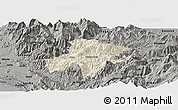 Shaded Relief Panoramic Map of Pukë, darken, semi-desaturated