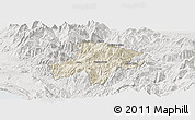 Shaded Relief Panoramic Map of Pukë, lighten, semi-desaturated