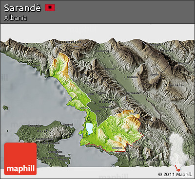 Physical 3D Map of Sarandë, darken, semi-desaturated
