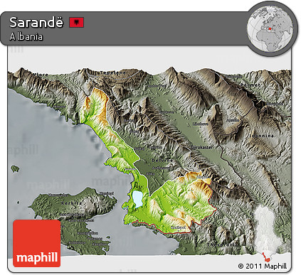 Physical 3D Map of Sarandë, darken, semi-desaturated