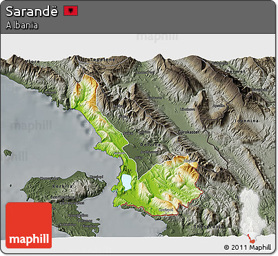 Physical 3D Map of Sarandë, darken, semi-desaturated