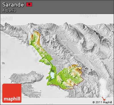 Physical 3D Map of Sarandë, lighten, desaturated