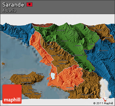 Political 3D Map of Sarandë, darken