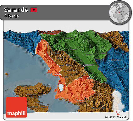 Political 3D Map of Sarandë, darken