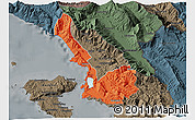 Political 3D Map of Sarandë, darken, semi-desaturated