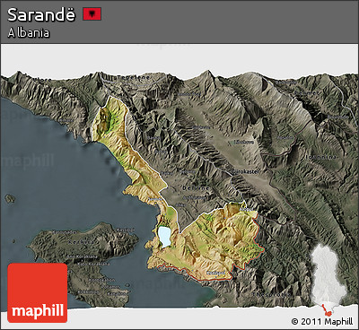 Satellite 3D Map of Sarandë, darken, semi-desaturated