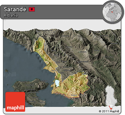 Satellite 3D Map of Sarandë, darken, semi-desaturated