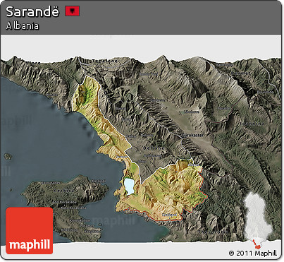Satellite 3D Map of Sarandë, darken, semi-desaturated