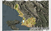 Satellite 3D Map of Sarandë, darken, semi-desaturated