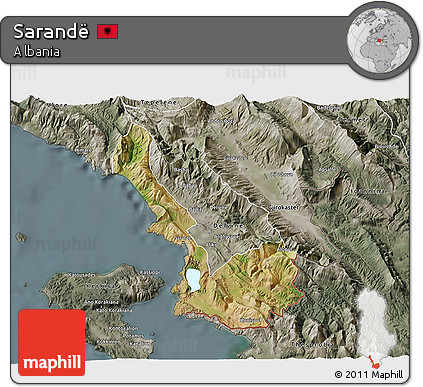 Satellite 3D Map of Sarandë, semi-desaturated