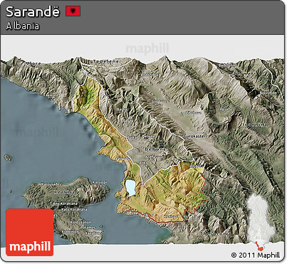 Satellite 3D Map of Sarandë, semi-desaturated