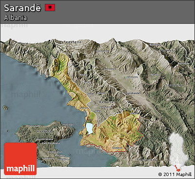 Satellite 3D Map of Sarandë, semi-desaturated