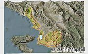 Satellite 3D Map of Sarandë, semi-desaturated