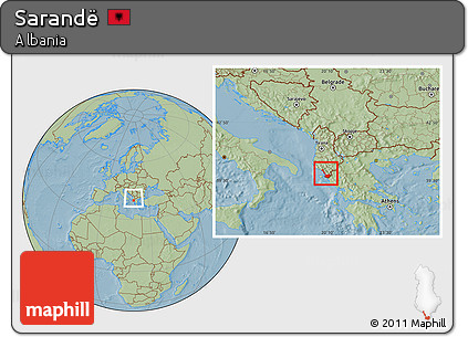 Savanna Style Location Map of Sarandë, within the entire country, hill shading