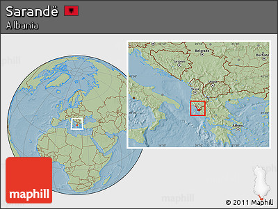 Savanna Style Location Map of Sarandë, within the entire country, hill shading