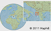Savanna Style Location Map of Sarandë, within the entire country, hill shading