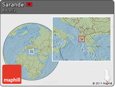Savanna Style Location Map of Sarandë, hill shading
