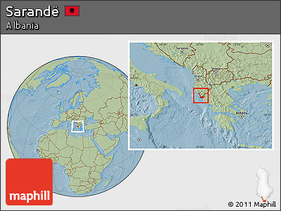 Savanna Style Location Map of Sarandë, hill shading