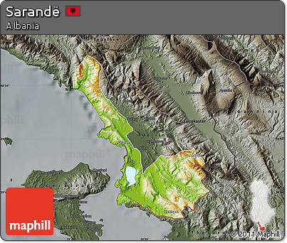 Physical Map of Sarandë, darken, semi-desaturated