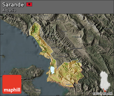 Satellite Map of Sarandë, darken, semi-desaturated
