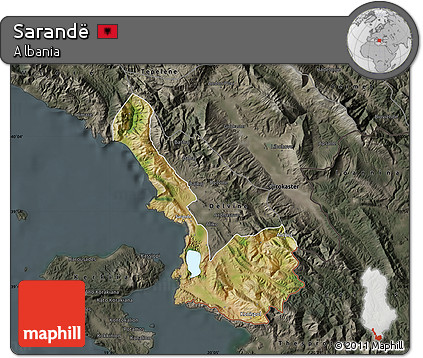 Satellite Map of Sarandë, darken, semi-desaturated
