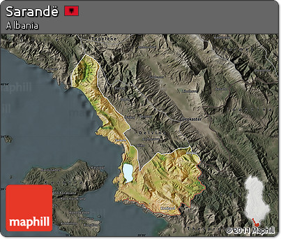 Satellite Map of Sarandë, darken, semi-desaturated