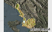 Satellite Map of Sarandë, darken, semi-desaturated