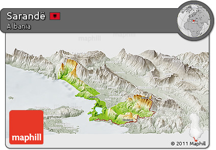 Physical Panoramic Map of Sarandë, lighten, semi-desaturated