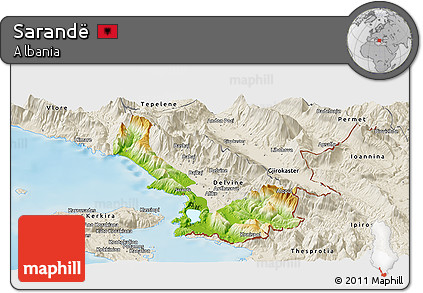 Physical Panoramic Map of Sarandë, shaded relief outside