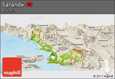Physical Panoramic Map of Sarandë, shaded relief outside